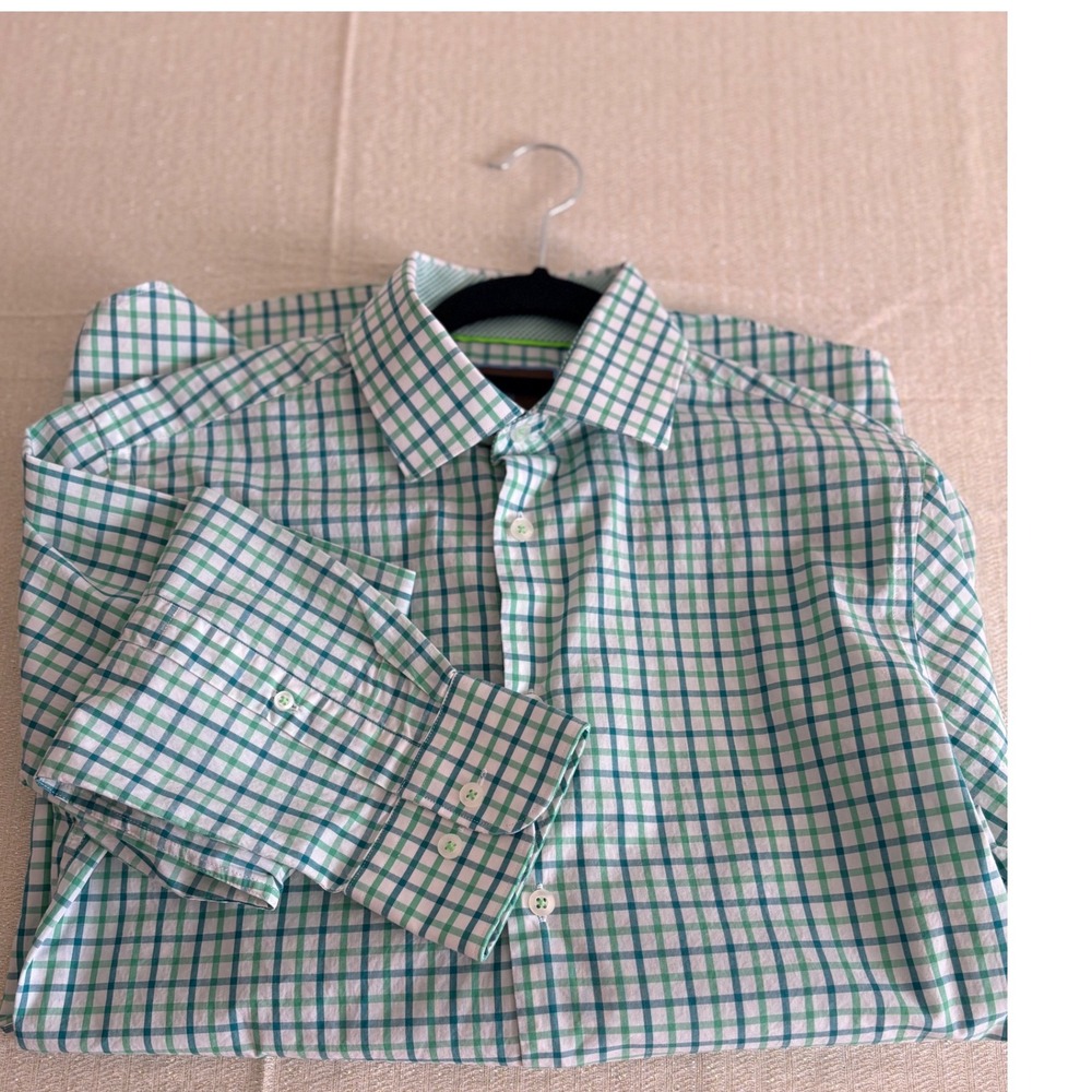 Tattersall London Dress Shirt 15 32/33 Green Teal Check Cotton Button Up